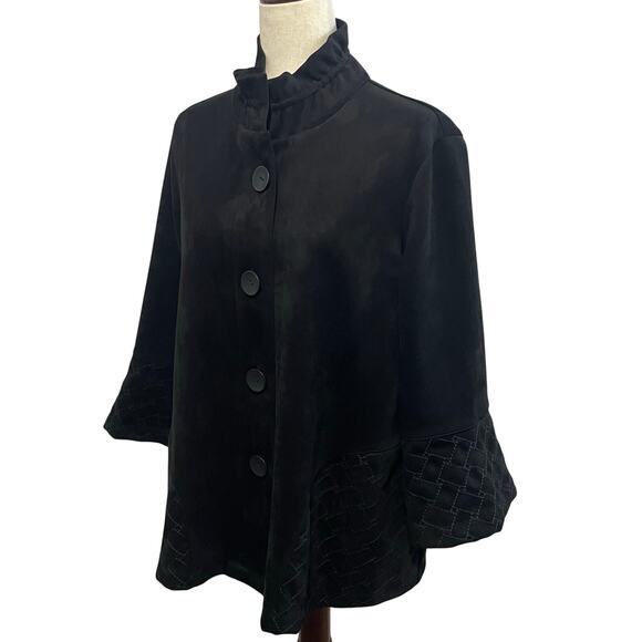 Ali Miles Women’s Black Button-Front Faux Suede Leather Quilted Trim Jacket sz M - Picture 2 of 13